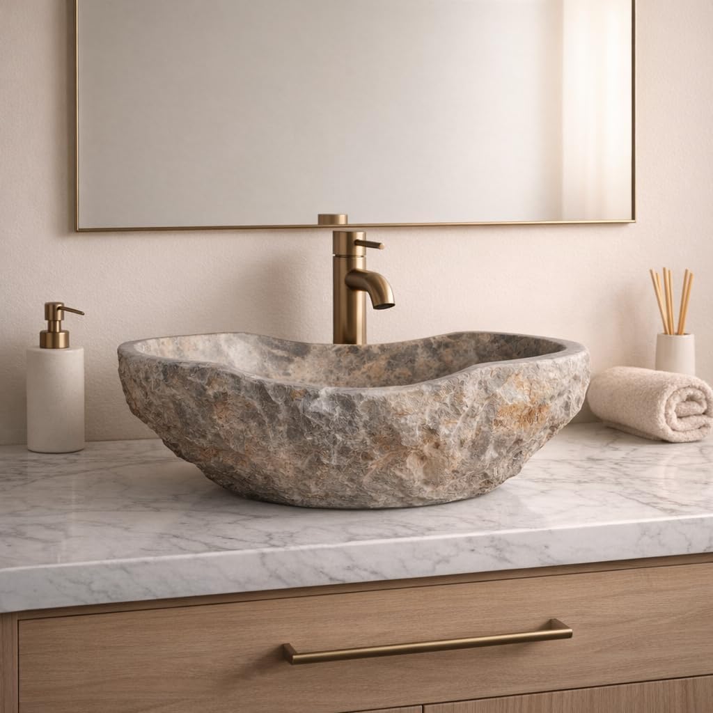 Fossil Gray Breccia Marble Vessel Sink with Unique Beige and Gold Patterns, Hand-Carved Canoe-Shaped Bathroom Sink, Modern Rustic Countertop Sink