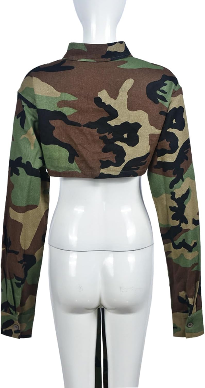 Womens Summer Cute Camo Button Down Cropped Jean Jacket Casual Lapel Outwear Denim Shirts Blouse Top - Image 5