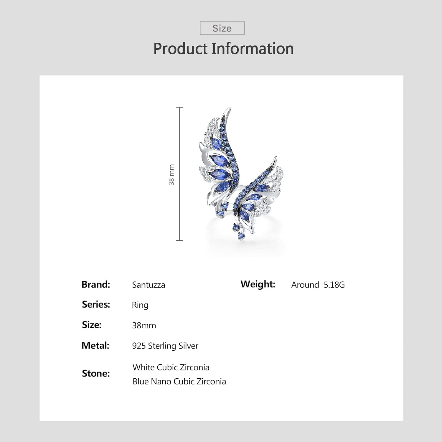 Santuzza 925 Sterling Silver Blue Wings Ring Blue Nano Cubic Zirconia Angel Wing Ring for Women