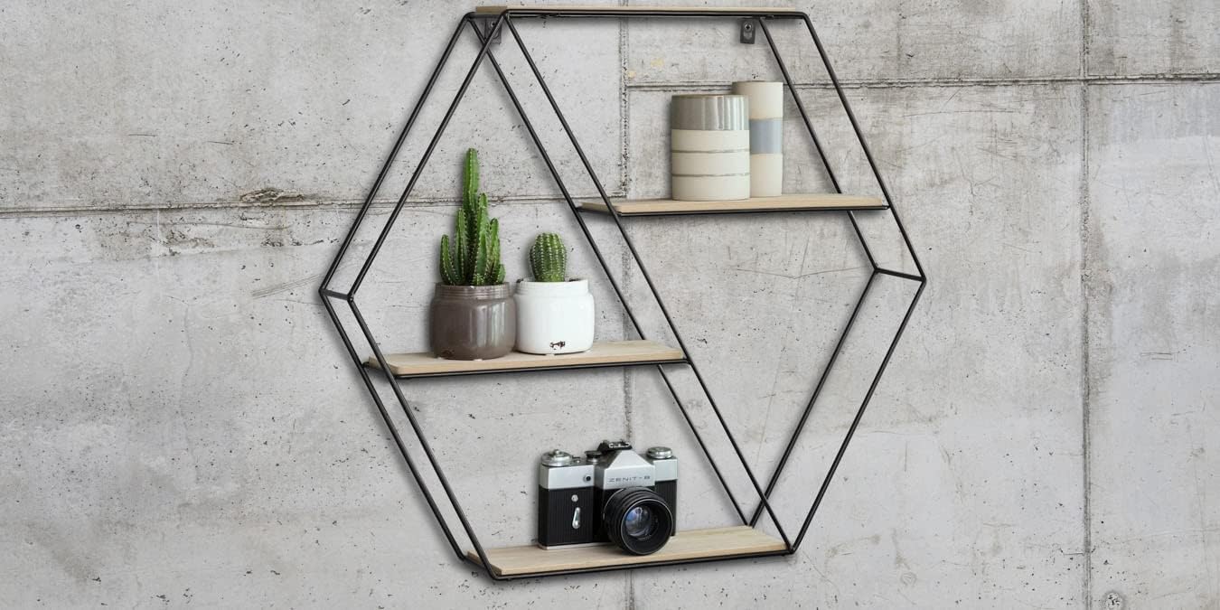 LIFA LIVING Hexagon Wall Shelf Unit, 4 Tier Floating Shelves for Kitchen Bedroom Living Room, Wooden & Black Metal Mounted Shelves, Pre-Assembled, 20 x 4.3 x 22.8 inches