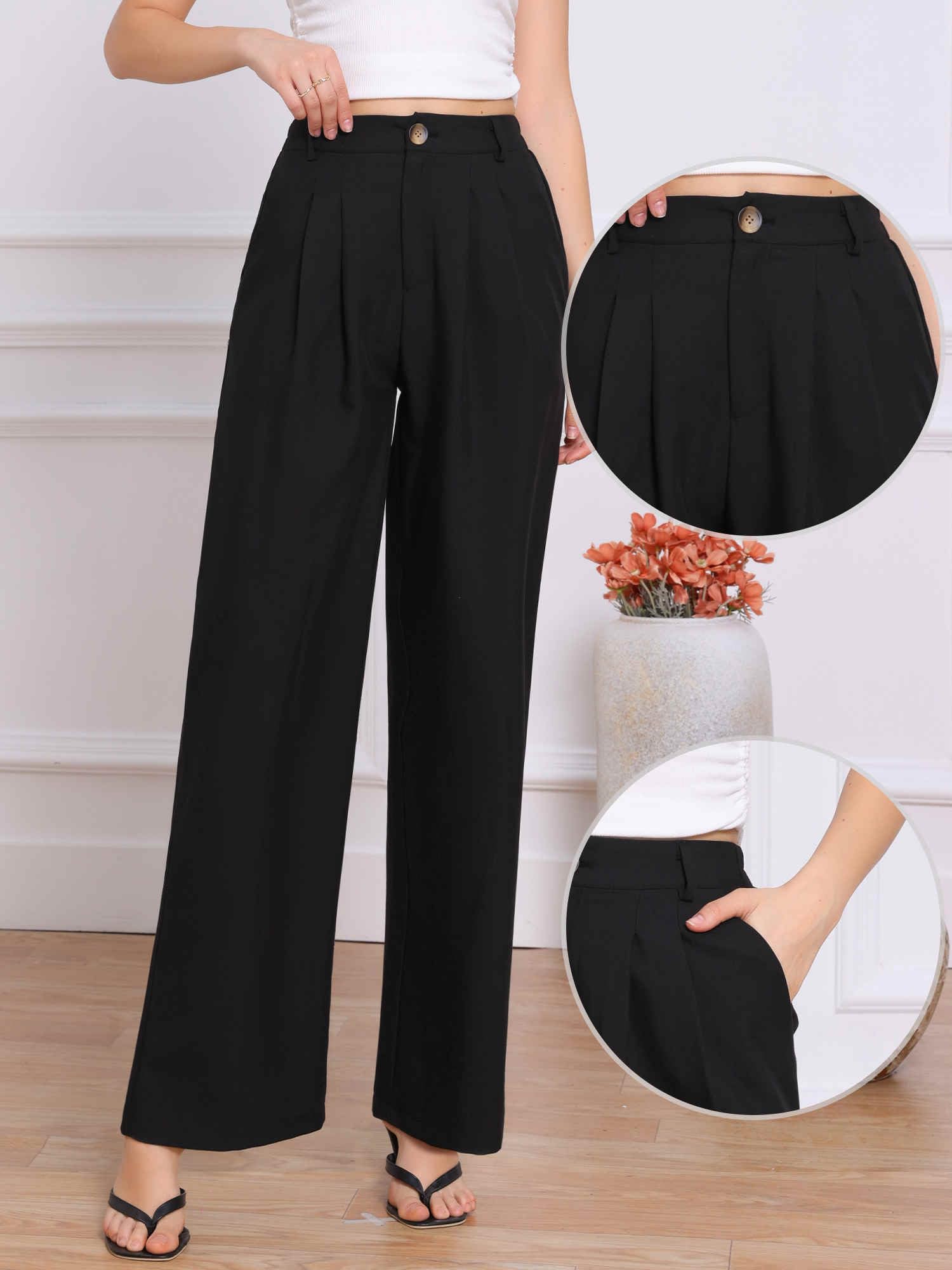 Allegra K Pantalones de pierna ancha para mujer, cintura alta elástica, pantalones de trabajo de oficina, pantalones casuales de negocios