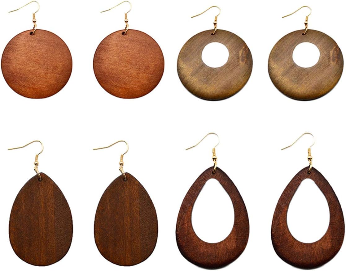 4 Pairs Ethnic Big Geometric Round Circle Teardrop Wood Dangle Earrings Wooden Drop Sets for Women