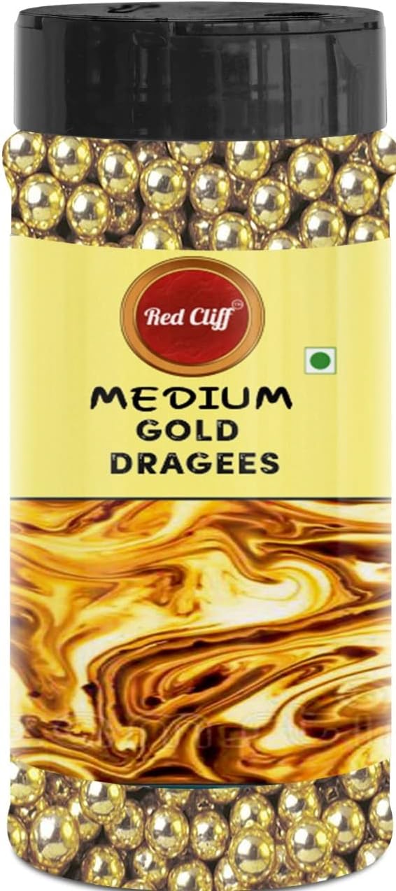 RED CLIFF Premium Gold Dragees | Medium(4mm) Sized Pearl Balls Ideal for Cake Decoration & Garnishing (Gold, Medium) | 100g |