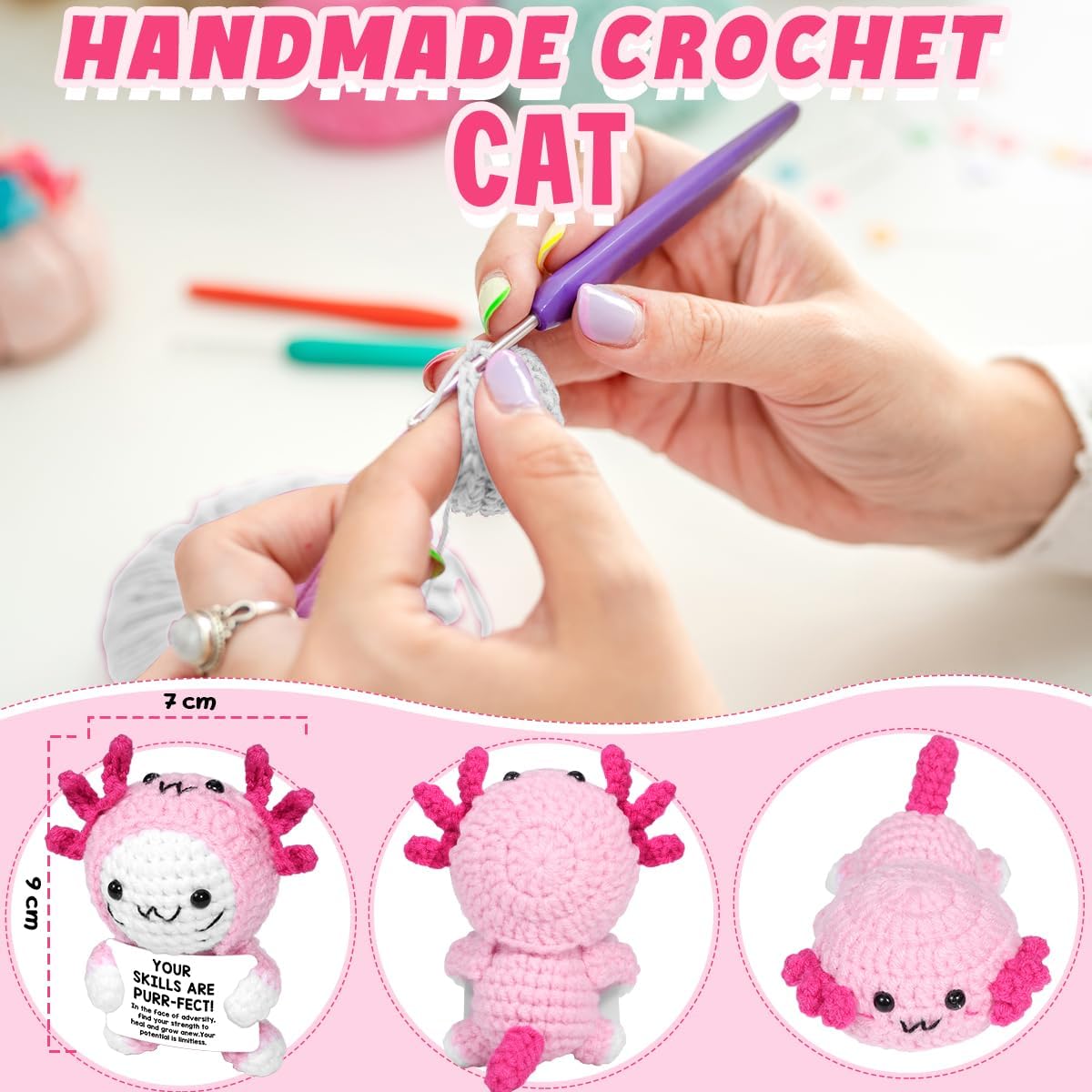 AICase Positive Crochet Axolotl,Crochet Cat Animals Stuff Inspirational Fanny Knitted Unique Small Ideas Decorations Birthday Gifts for Women Men Her Him Sister Mom Dad Girls Boys Fans_Hot Pink - Image 4
