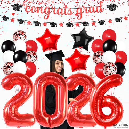 Image of KatchOn, Red and Black Graduation Decorations 2026 - Pack Of 37 | Giant 40 Inch, 2026 Black balloons, Congrats Grad Banner for Graduation Decorations Class of 2026 | 2026 Graduation Party Decorations
