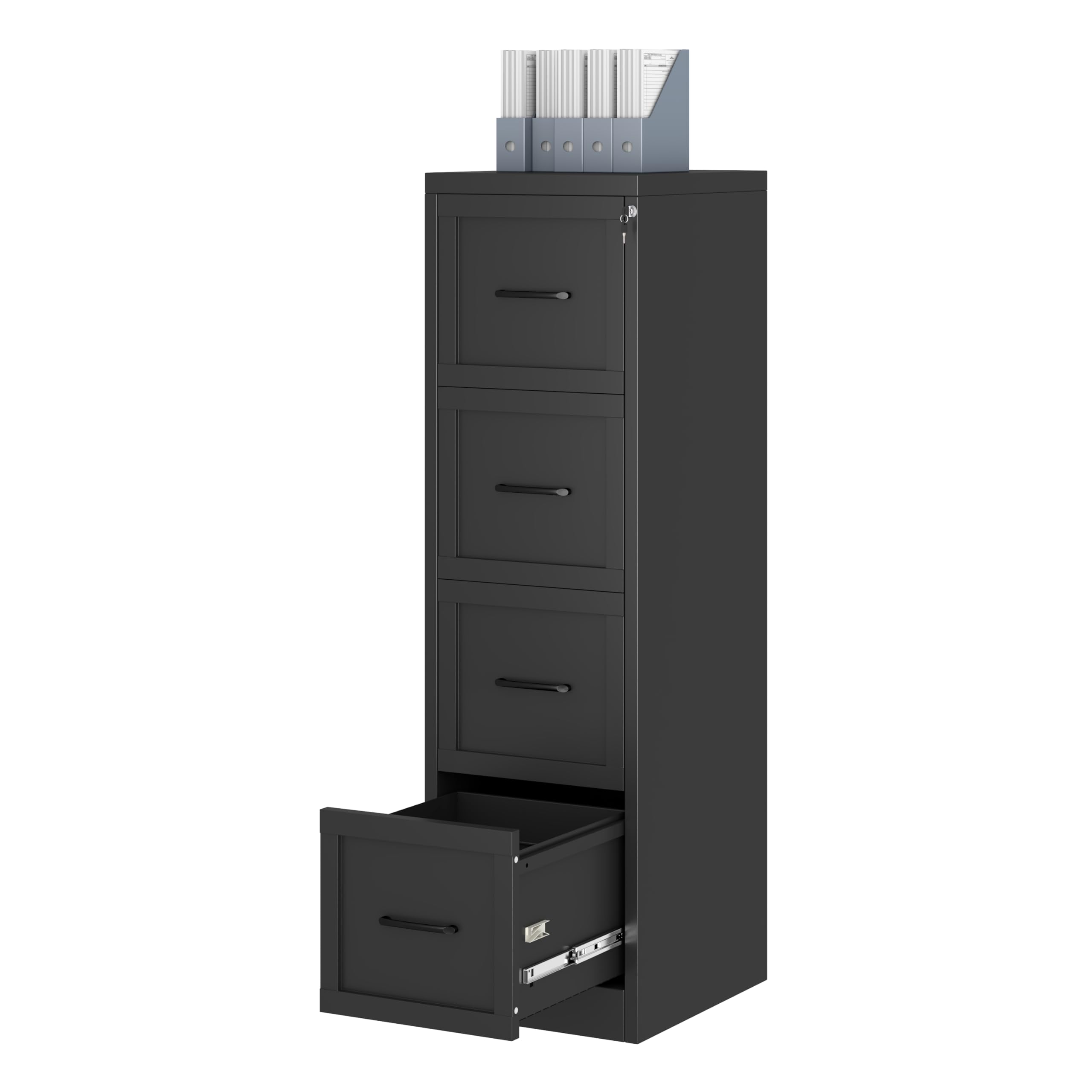 Ckzbx 4 Drawer File Cabinet with Lock, Narrow Vertical Filing Cabinet, Under Desk File Cabinets,Black Metal Dresser Cabinets for Home Office,Fit Letter/A4/Legal Size File