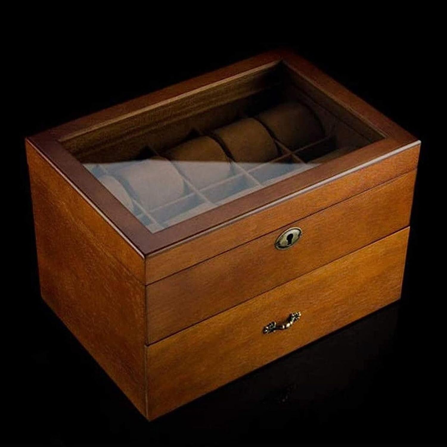 Caja de joyería organizadora, caja de reloj para hombre, caja de almacenamiento con tapa de cristal, soporte grande, color marrón