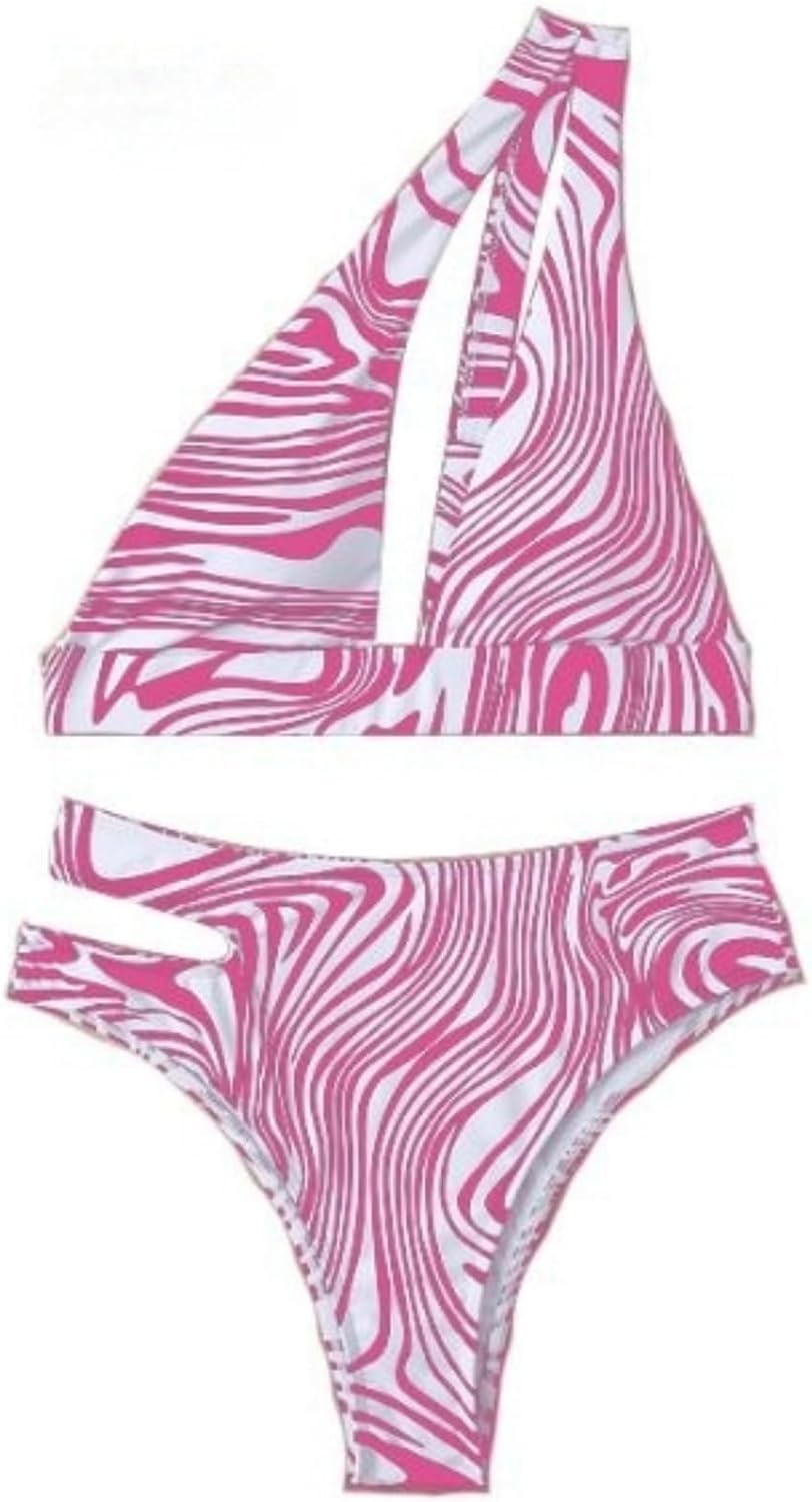WDIRARA Women's 2 Piece Zebra Print Cut Out One Shoulder High Waist Bikini Set Swimsuit
