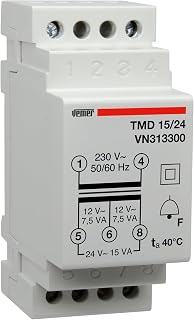 VEMER VN313300 TMD 15/24 - Klingeltrafo für Hutschienen, Trafo mit Primärspannung 230V, Sekundärspannung 12-24V und Leistung 15VA, Weiß