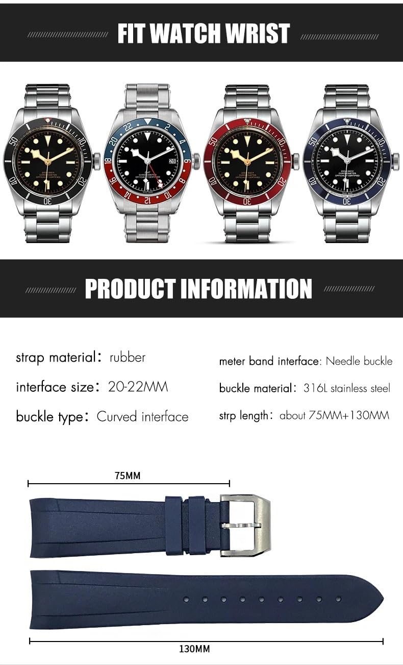 Correa de reloj de silicona y goma con extremo curvado, 22mm, 20mm, para Tudor Black Bay, 41mm, Pelagos, 42mm, 1958, correa de reloj deportivo azul