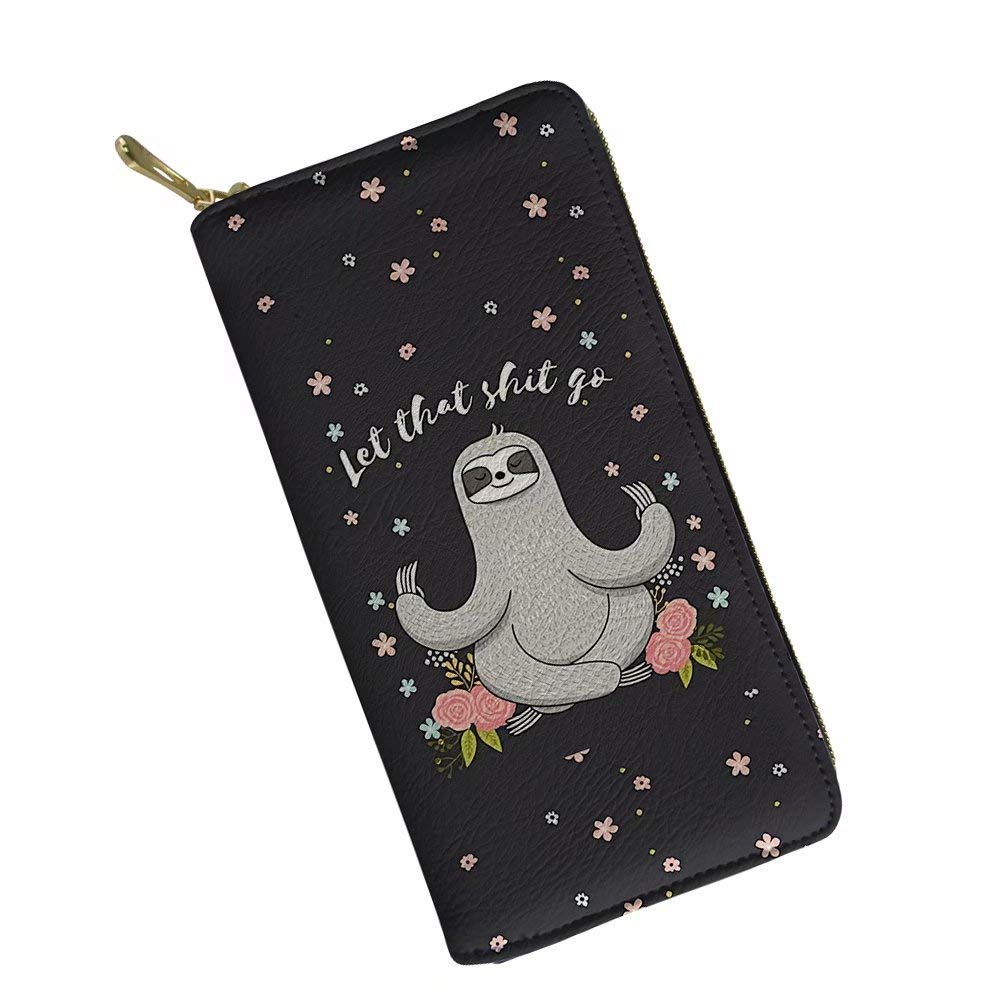 GIFTPUZZLet That Shxt Go Sloth Long Wallet for Women Girls Slim Purse PU Leather Zip Around RFID Blocking Thin Clutch Portable Handbags Shopping Phone Cards Coins Holder, Black Floral