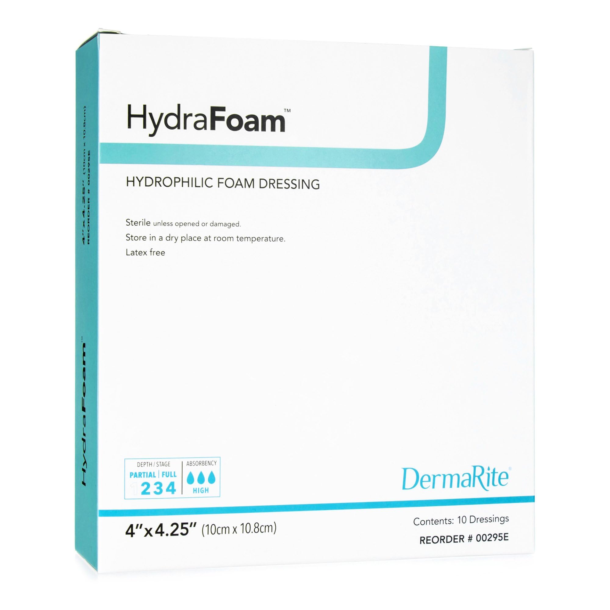 DermaRite's HydraFoam Hydrophilic Foam Dressing - Highly Absorbent Wound Care, Waterproof Backing, Sterile - 4 in. x 4-1/4 in., 1 Count, 10 Packs, 10 Total