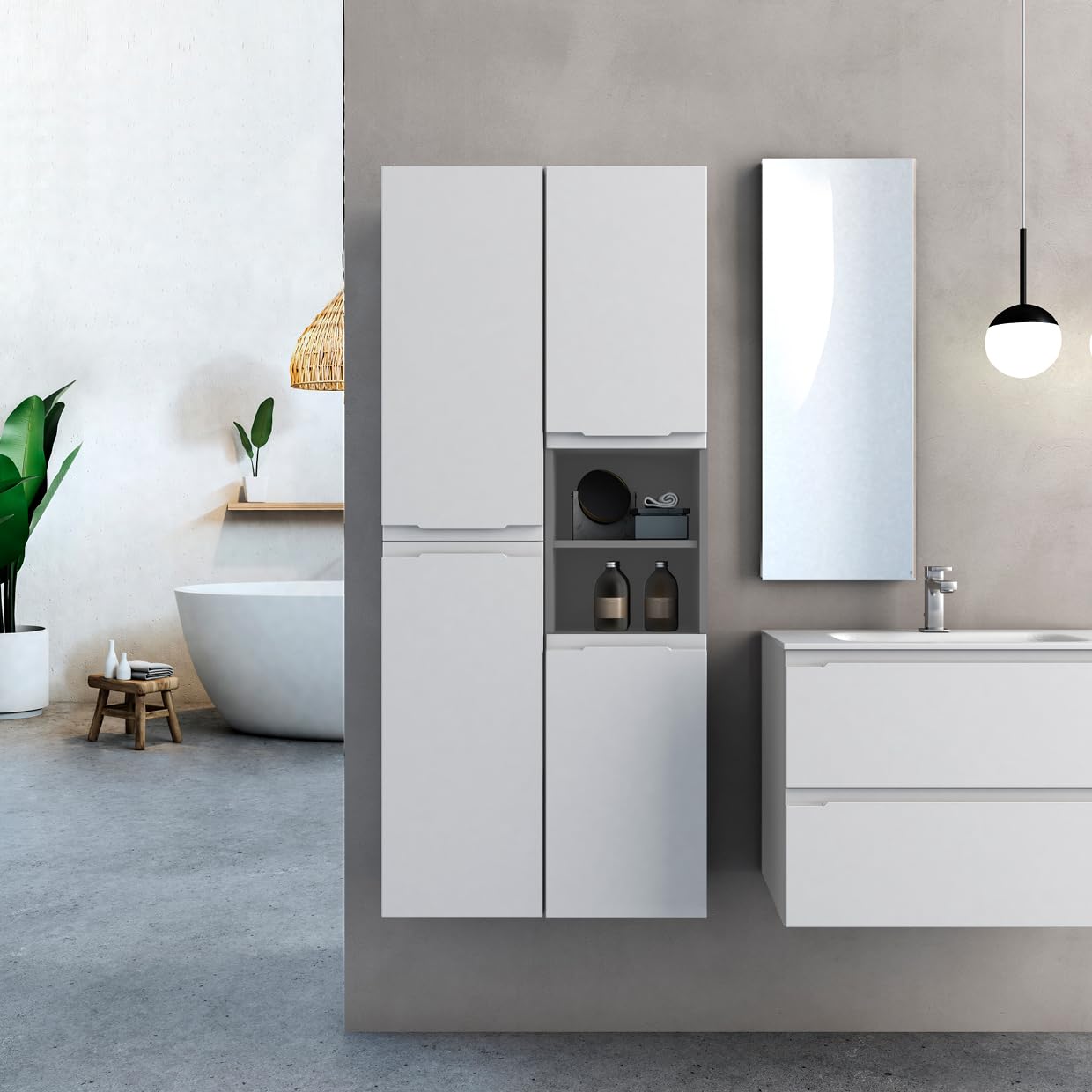 Diventa Modello Diva Star, Colonna Bagno sospesa con 2 ante e 2 vani a giorno, colore bianco e grigio