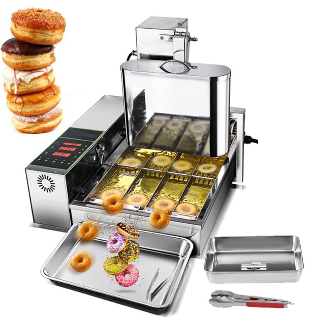 AYCDL Automatic Donut Machine, Commercial Digital Fryer with Temperature Adjustment 50-220°C, 4 Rows Hopper, 5.5L Capacity, 1750 Units/hour, 220V,220v