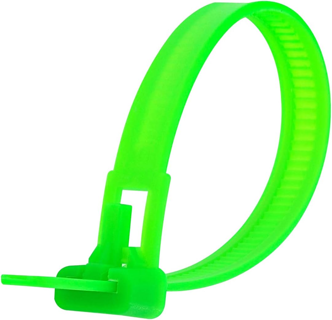 8 Inch Fluorescent Green Standard Releasable Cable Tie - 100 Pack