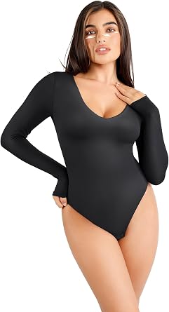 Popilush Long Sleeve Shapewear Bodysuit Thong Body Shaper Tummy Control Long Fall Body Suit for Winter