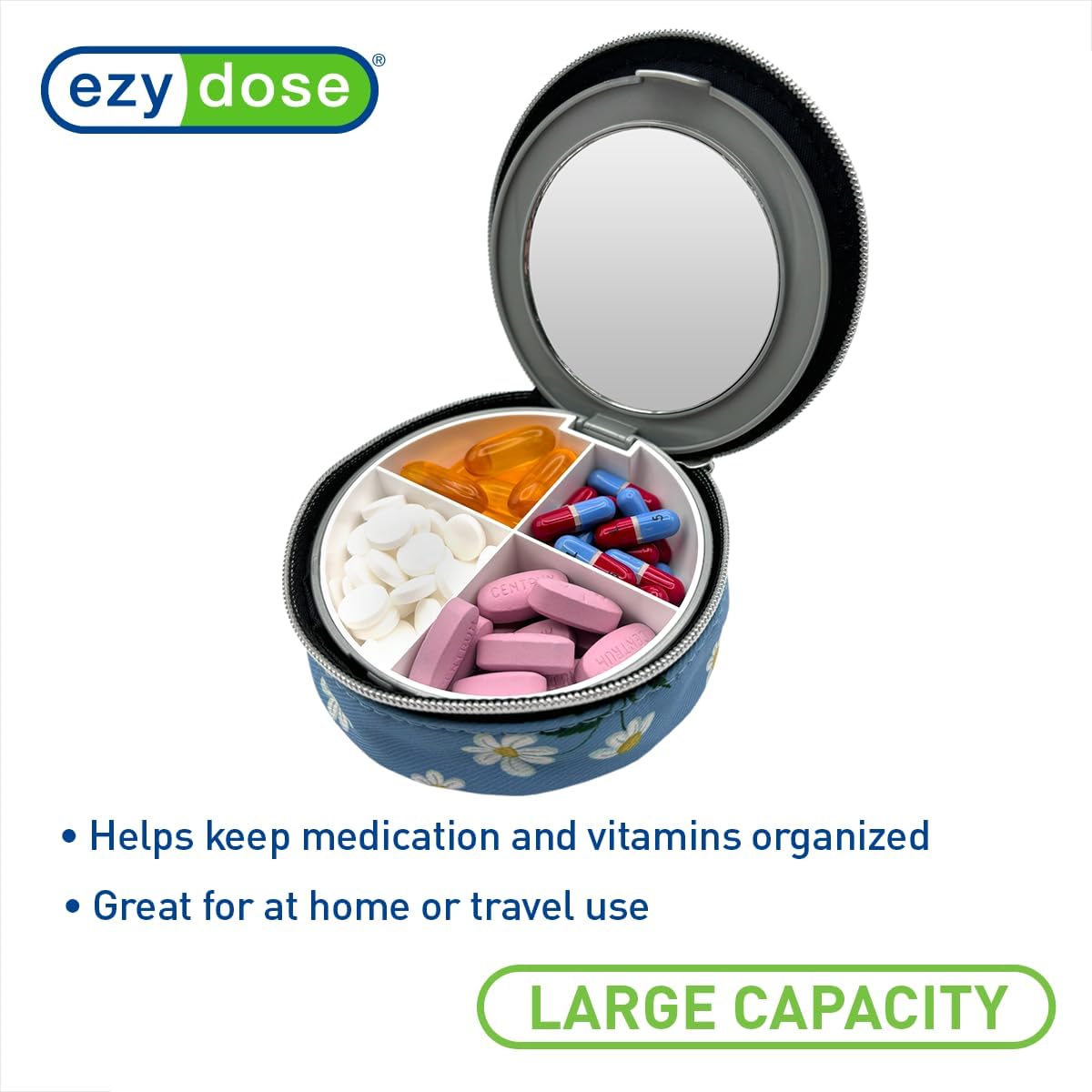 Ezy Dose Travel Pill Organizer with Built-in Mirror, Zipper Daisy Case image 3
