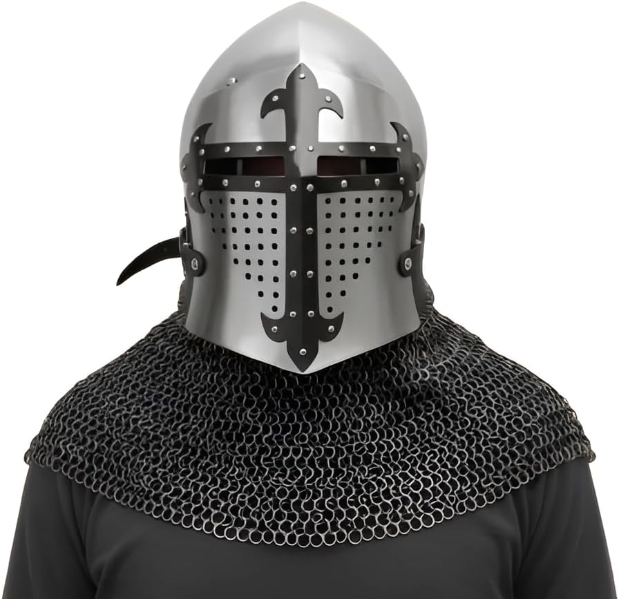 Medieval Crusader Wearable Knight Helmet with Chainmail Coif, Handmade Full Face Steel Armor Helmet, Templar Style Helmet for Cosplay, LARP, Reenactment & Decoration, Adult Size 24-25 Inch