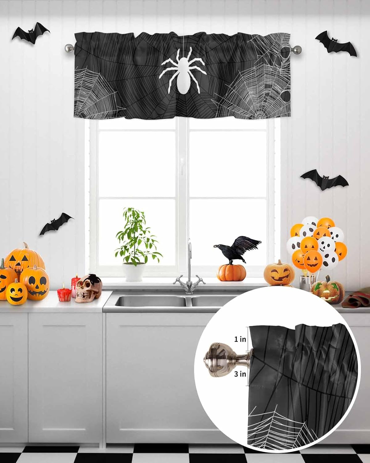 Kitchen Cafe Valance Curtain for Small Windows,Halloween Spiders Spiderweb Texture Rod Pocket Short Blackout Curtains,Black White Darkening Window Treatment for Living Room Bedroom Bathroom