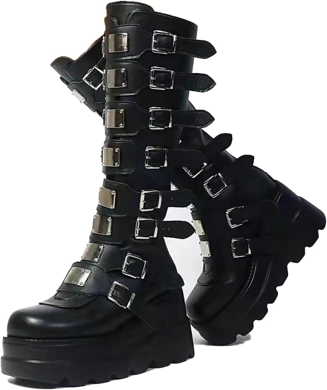 HINDOLA Women Platform Punk Goth Mid Calf Boots Chunky High Heel Round-Toe Back-Zip Knee High Motorcycle Booties Combat Boots