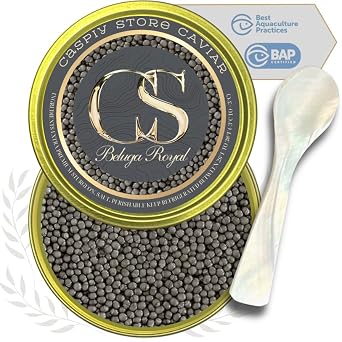 CASPIY Beluga Hybrid Black Caviar Huso Huso and Ship Sturgeon Premium Osetra Caspian Black Roe, Traditionally Harvested Malossol Ossetra with Mother of Pearl Spoons Single Tin 1.76 oz / 50g