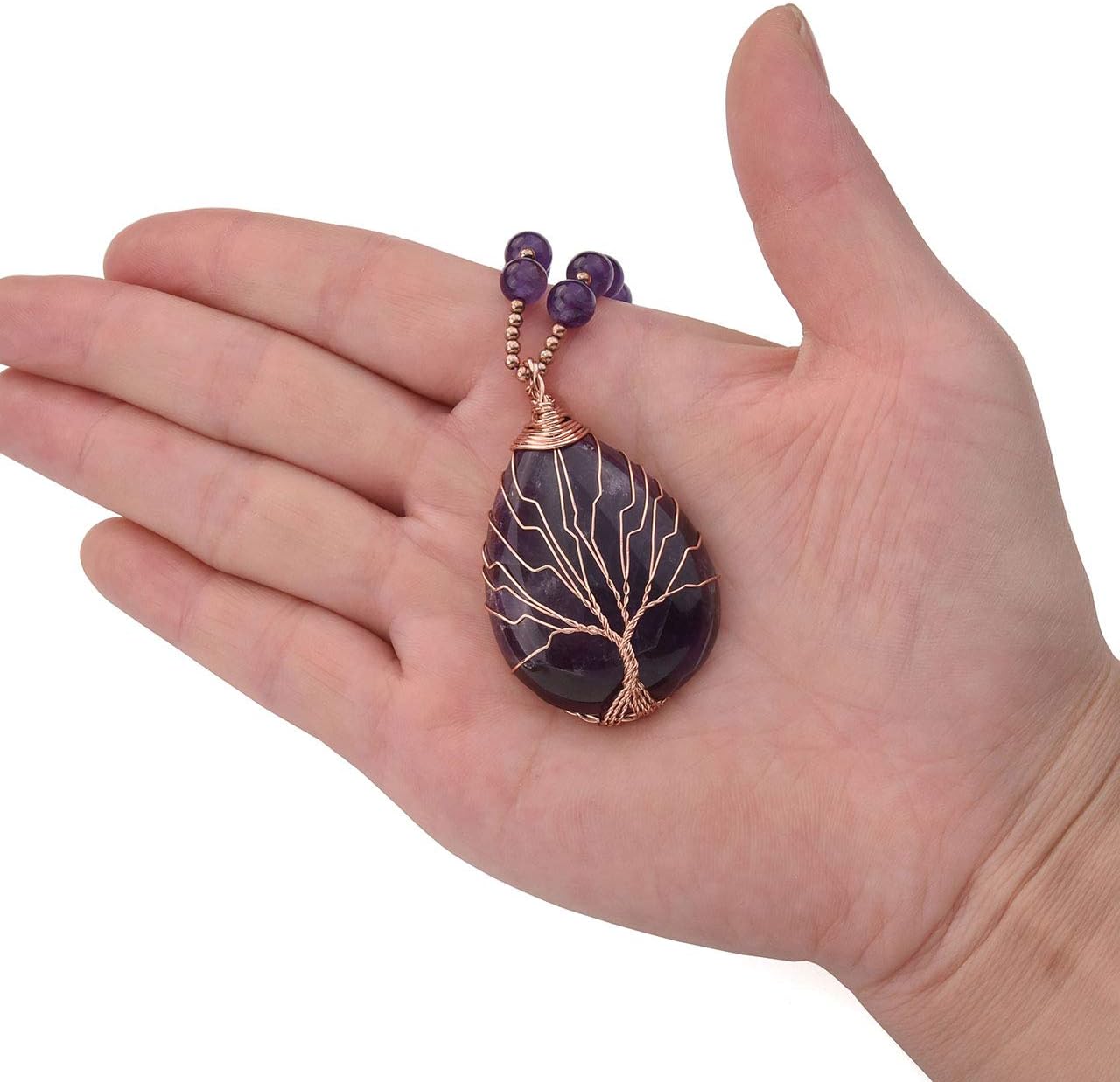 Top Plaza Healing Crystal Amethyst Necklace Natural Stone Beads Life Tree Wire Wrapped Teardrop Gemstone Pendant Jewelry for Women Mom - Image 7