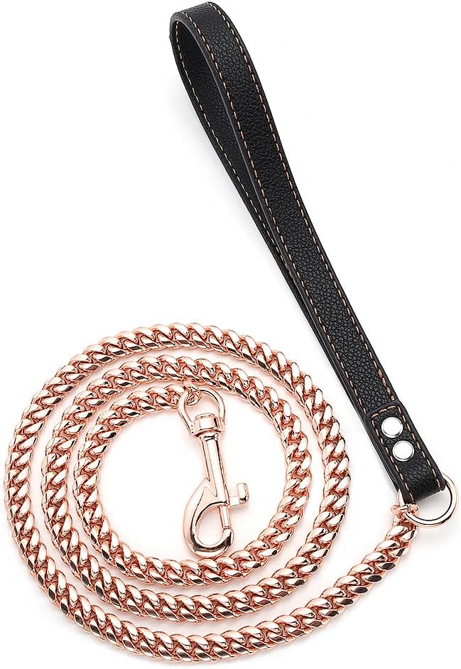 Rose Gold Chain Dog Leash Heavy Duty 3FT/4FT/5FT Stainless Steel Metal Training Walking,Easy Hook,Leather Handle,Chewy, 10mm/14mm Cuban Link Leash for Large Medium Small Dogs(10mm, 5FT)