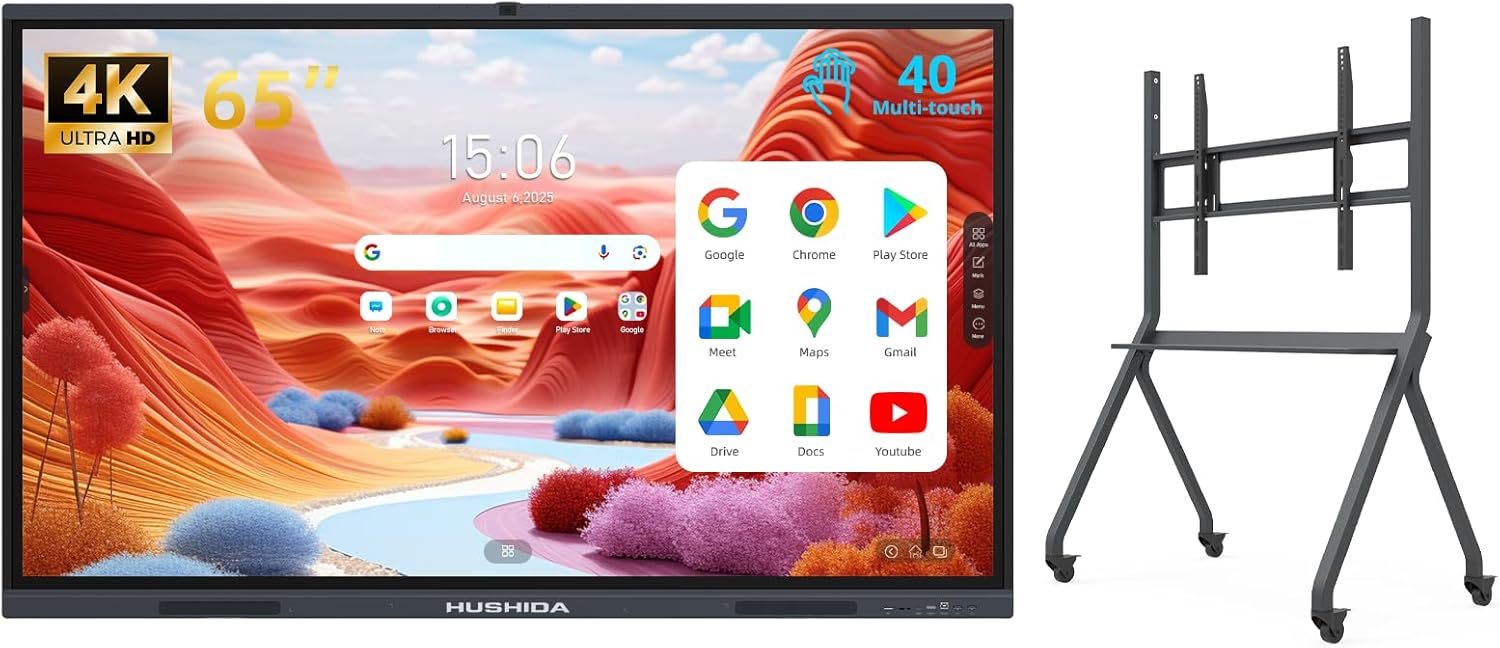 65" Smart Board Google EDLA-Certified 4K Interactive Whiteboard SmartBoard for Classroom & Office Business, Android 14 Touchscreen with 13MP AI Camera 8G RAM+128G ROM, 40-Points (With Protable Stand)