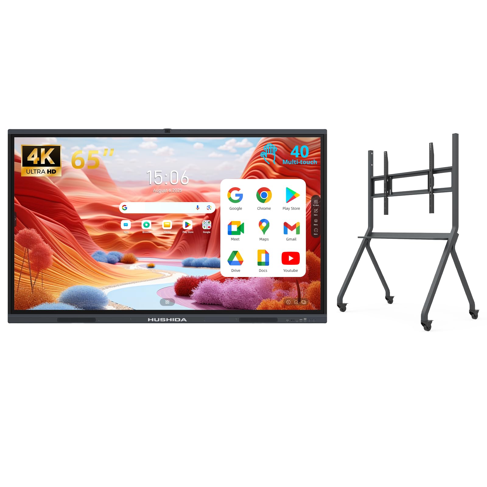 65" Smart Board Google EDLA-Certified 4K Interactive Whiteboard SmartBoard for Classroom & Office Business, Android 14 Touchscreen with 13MP AI Camera 8G RAM+128G ROM, 40-Points (With Protable Stand)