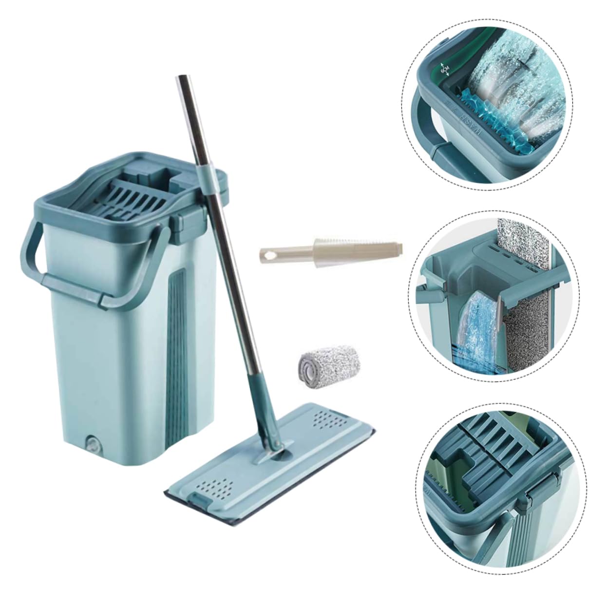 Trapeador sin Lavado de Microfibra Cubo, Juego Verde | Mango Integrado y Asa de Transporte, Limpieza Rápida y Profunda, Acabado en Goma, Plástico y Acero Inoxidable