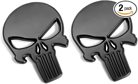 2 PCS Car Punisher Sticker, 3D Raised Metal Skull Emblem Decal, Weatherproof Exterior Body Adornment Stickers, Universal Personalized Car Exterior Decoration (Black)