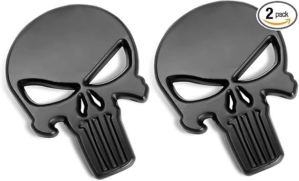 2 PCS Car Punisher Sticker, 3D Raised Metal Skull Emblem Decal, Weatherproof Exterior Body Adornment Stickers, Universal Personalized Car Exterior Decoration Black