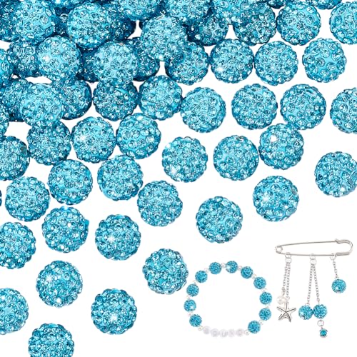 PH PandaHall 100pcs 10mm Rhinestones Beads Pave Disco Ball Clay Beads Round Crystal Diamond Bead Shiny Round Baseball Bead for Sparkle Bracelet Necklace Earring Jewelry Making Christmas Aquamarine