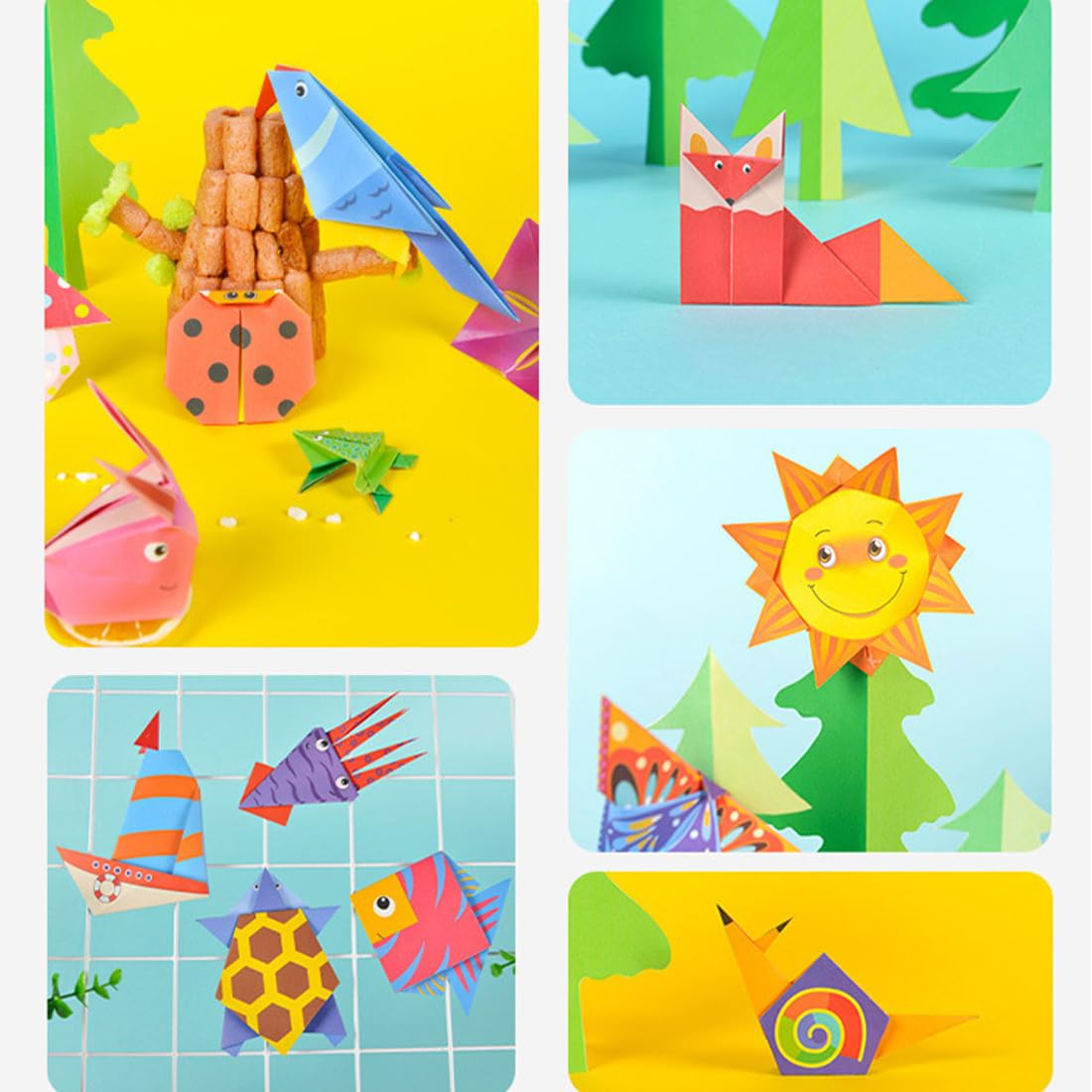 Kit de Origami para Niños 108 Hojas de Papel con 54 Patrones + 50 Papeles de Colores, Libro de Instrucciones, 14x14cm