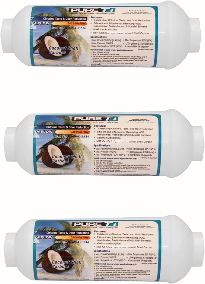 PureT 6"x2" Inline Post GAC Carbon Filter - Reverse Osmosis Water Filter or 700 Gallons (3 Pack)