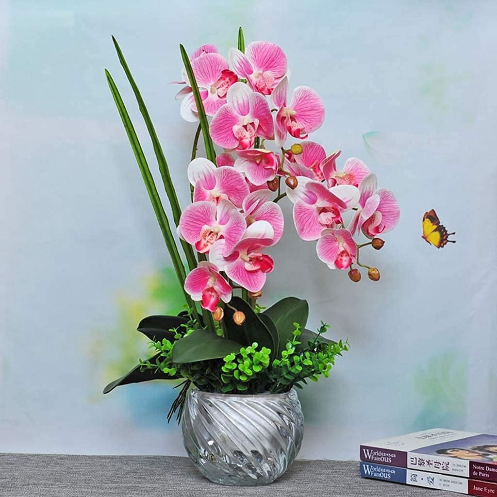 XDLEDMKIZ Artificial Flower Set, Phalaenopsis Orchid Artificial Flower Arrangement,Faux Pu Orchids With Glass Vase,Wedding Party Dining Table Centerpiece Decor Beautiful Artif
