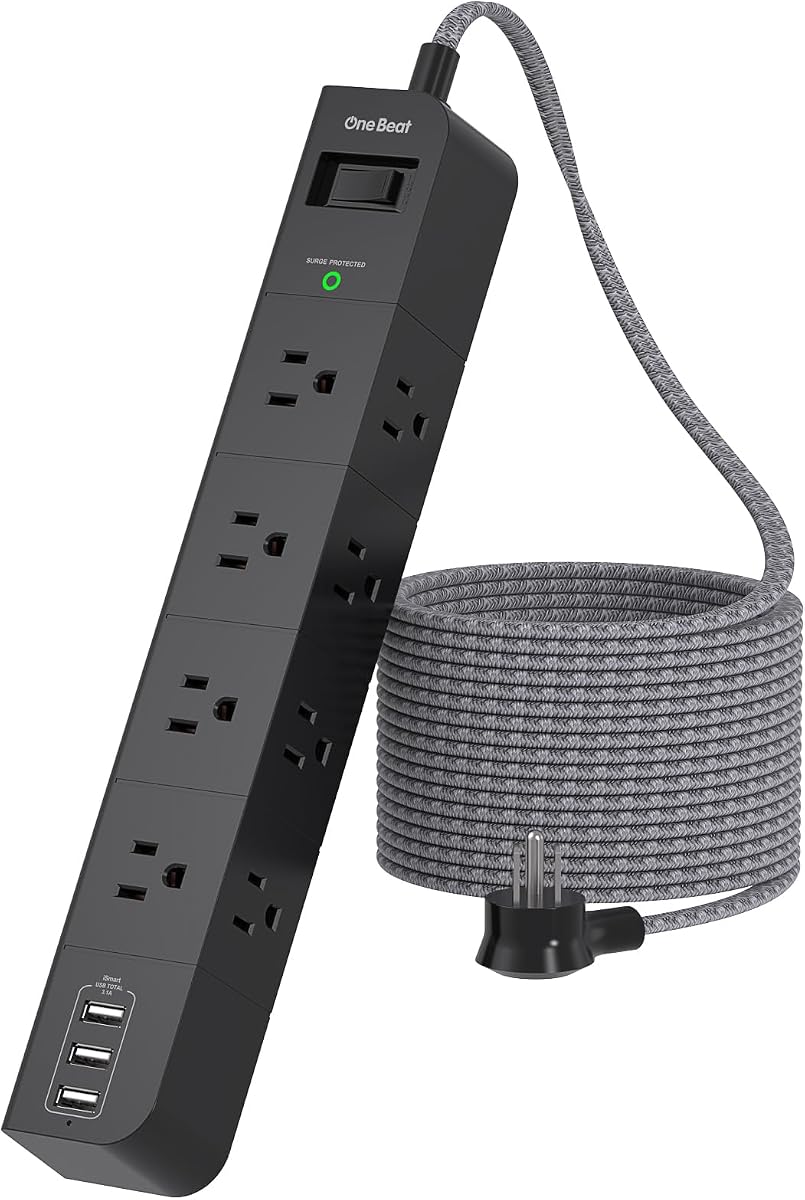 10 ft Surge Protector Power Strip, Flat Plug Extension Cord with 8 Widely Spaced AC Outlets and 3 USB Ports, ETL Listed Desktop Charging Station for Home Office Travel Computer Wall Mount, Black