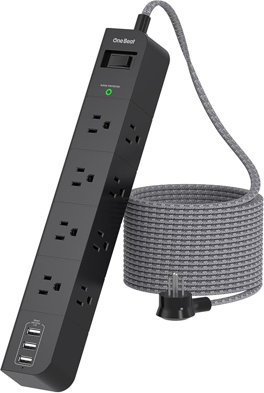 10 ft Surge Protector Power Strip, Flat Plug Extension Cord with 8 Widely Spaced AC Outlets and 3 USB Ports, ETL Listed Desktop Charging Station for Home Office Travel Computer Wall Mount, Black