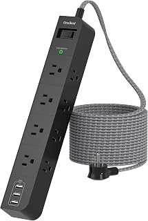10 ft Surge Protector Power Strip, Flat Plug Extension Cord with 8 Widely Spaced AC Outlets and 3 USB Ports, ETL Listed Desktop Charging Station for Home Office Travel Computer Wall Mount, Black