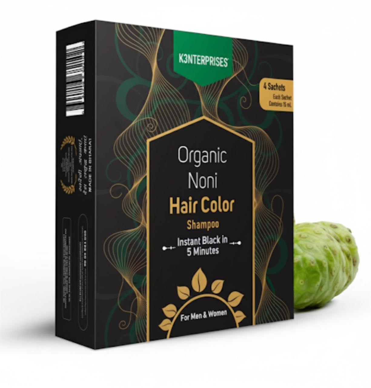 K3nterprises Organic Noni Hair Color Shampoo, Black, 5 Minutes Quick Action, 4 Sachets, For Men & Women-image-2