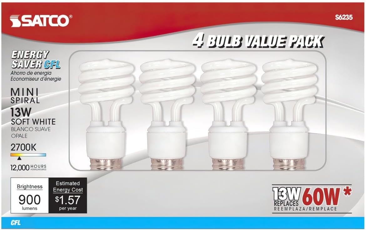 Satco S6235 Cfl Spiral Bulb, 13 Watts, 4/Pack