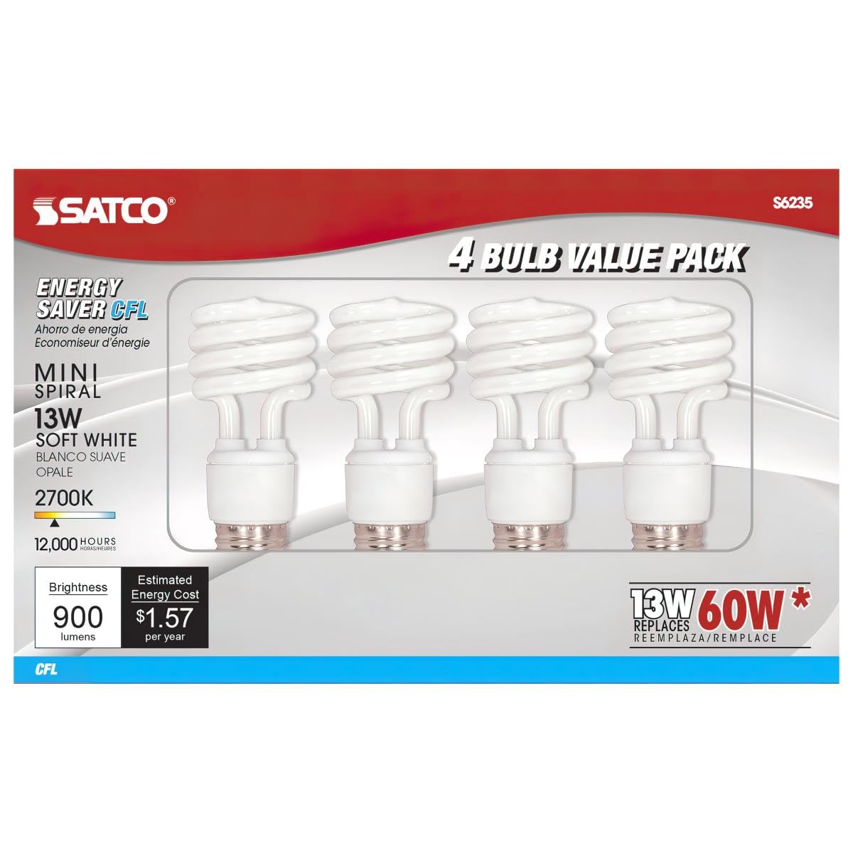 Satco S6235 Cfl Spiral Bulb, 13 Watts, 4/Pack