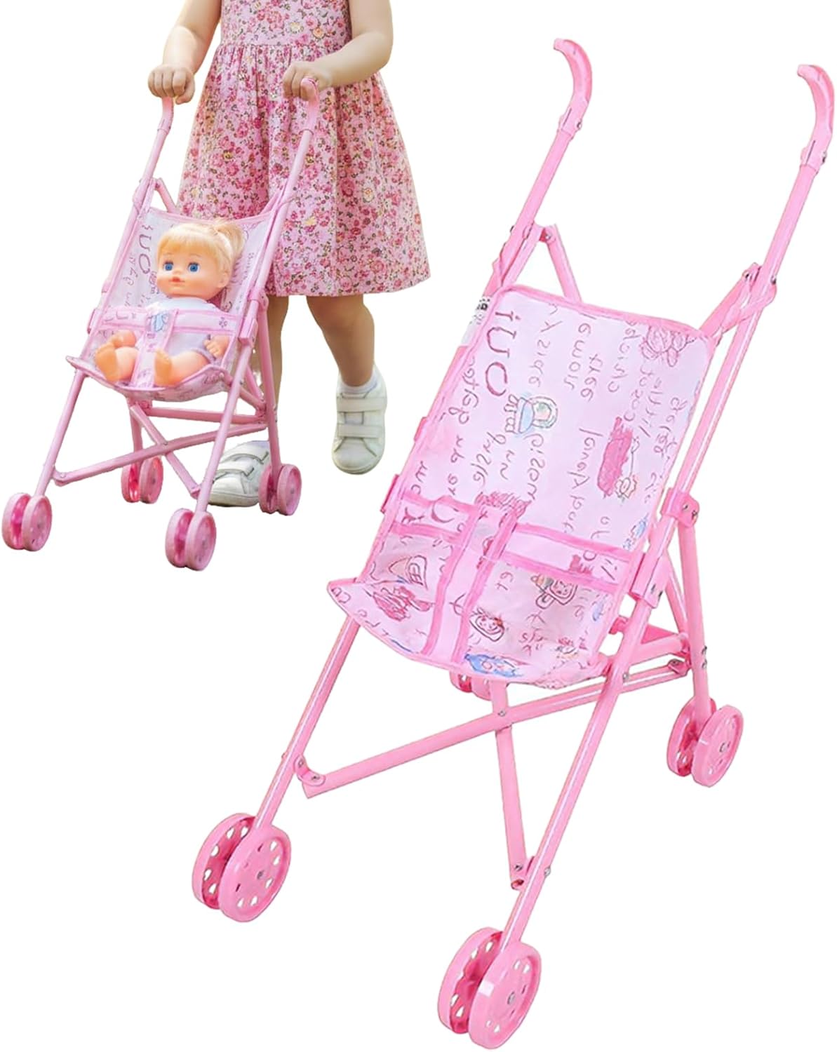 Pram for Dolls, Foldable Toy Pram for Role Play, Realistic Doll Pram for Role Play, for Children, Nursery, Nursery, Indoor, Home, Garden, Living Room, Preschool