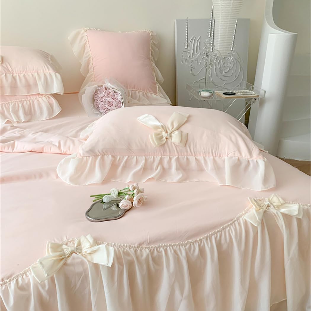 IHOUSTRIY Duvet Cover Queen Size, Ruffle Beddding Set with Bowtie, 3 Pieces Comforter Cover Set with Zipper Closure, Girl Princess Bedding with Pillowcase - Light Pink, Queen