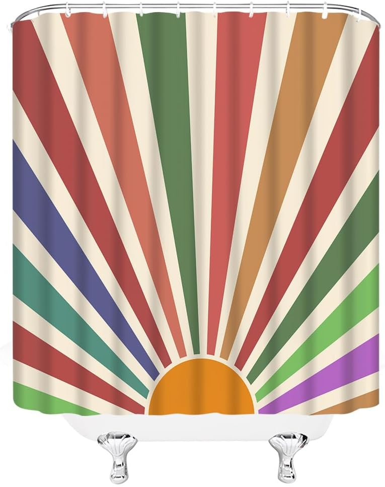 Sun Retro Sunrise Shower Curtain Rainbow 70s Colorful Minimalist Sunset Hippie Grunge Fabric Bathroom Decor Set with Hooks(74.8" Wx70 H)