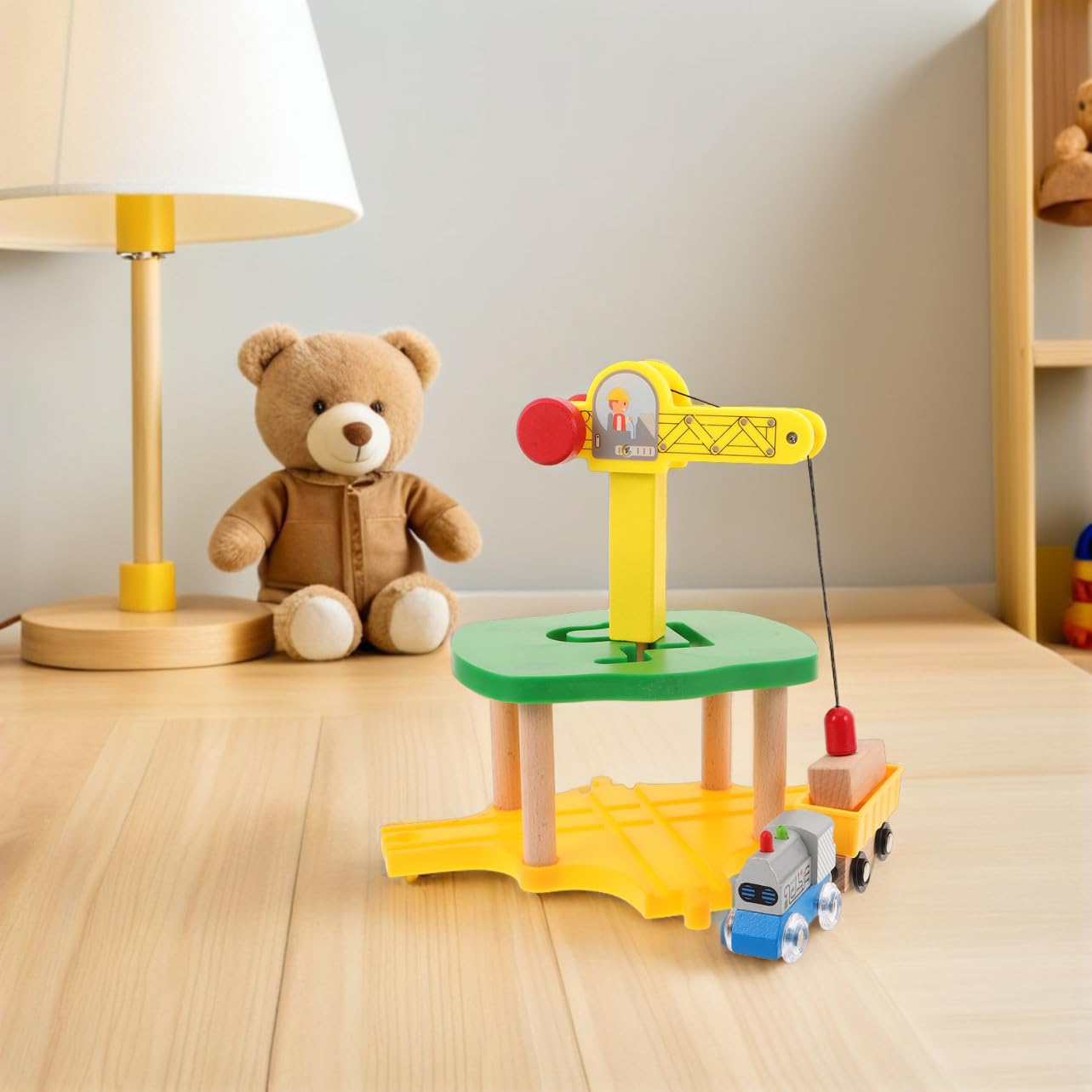 Gatuida 1 set di treni gru in legno per bambini con motore di ispezione di simulazione, accessori di espansione per binari ferroviari gru fai da te