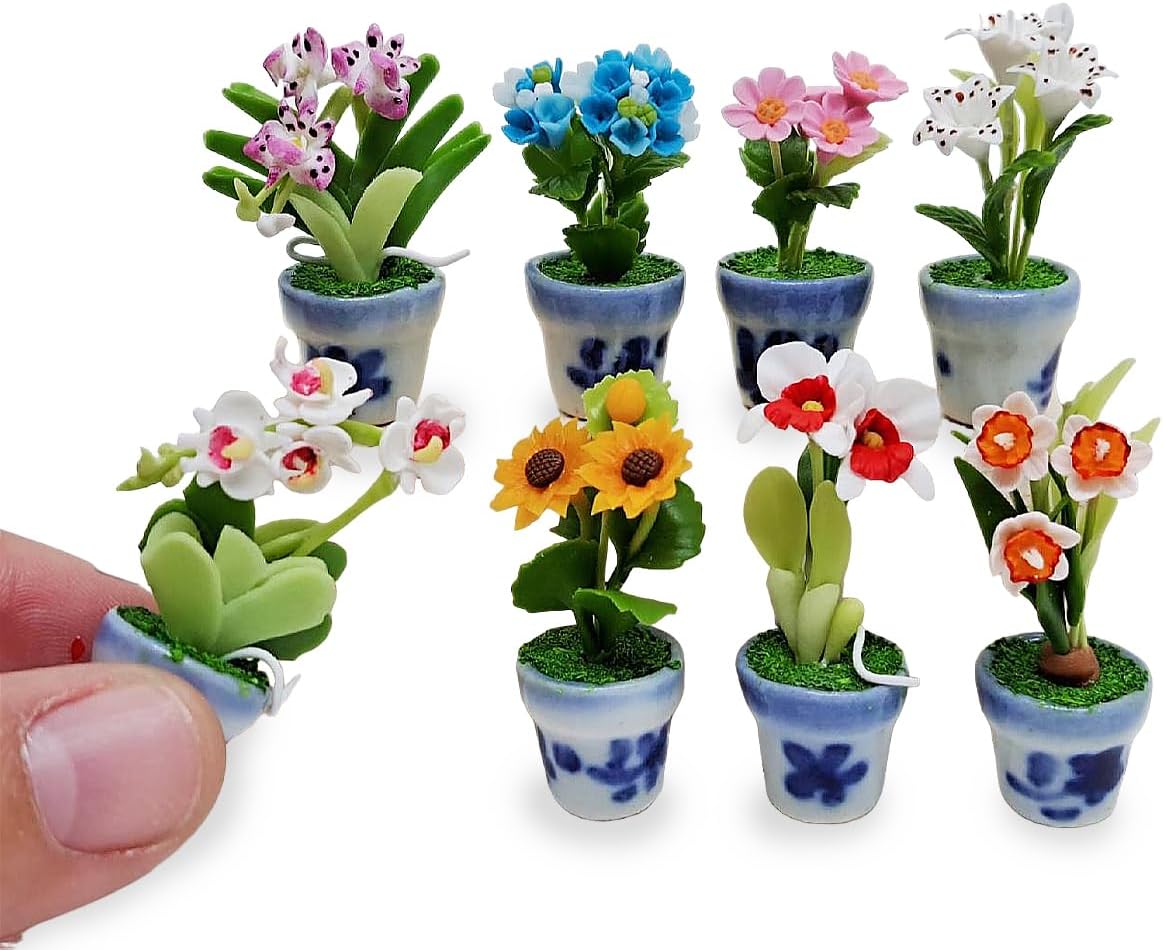WitnyStore Tiny 2" High 8 Pieces Set Mix Hand Made Artificial Flowers Realistic Colorful Miniature Modelling Clay Flower Pots Brilliant Variety of Imitation House Plant Species Home Decoration