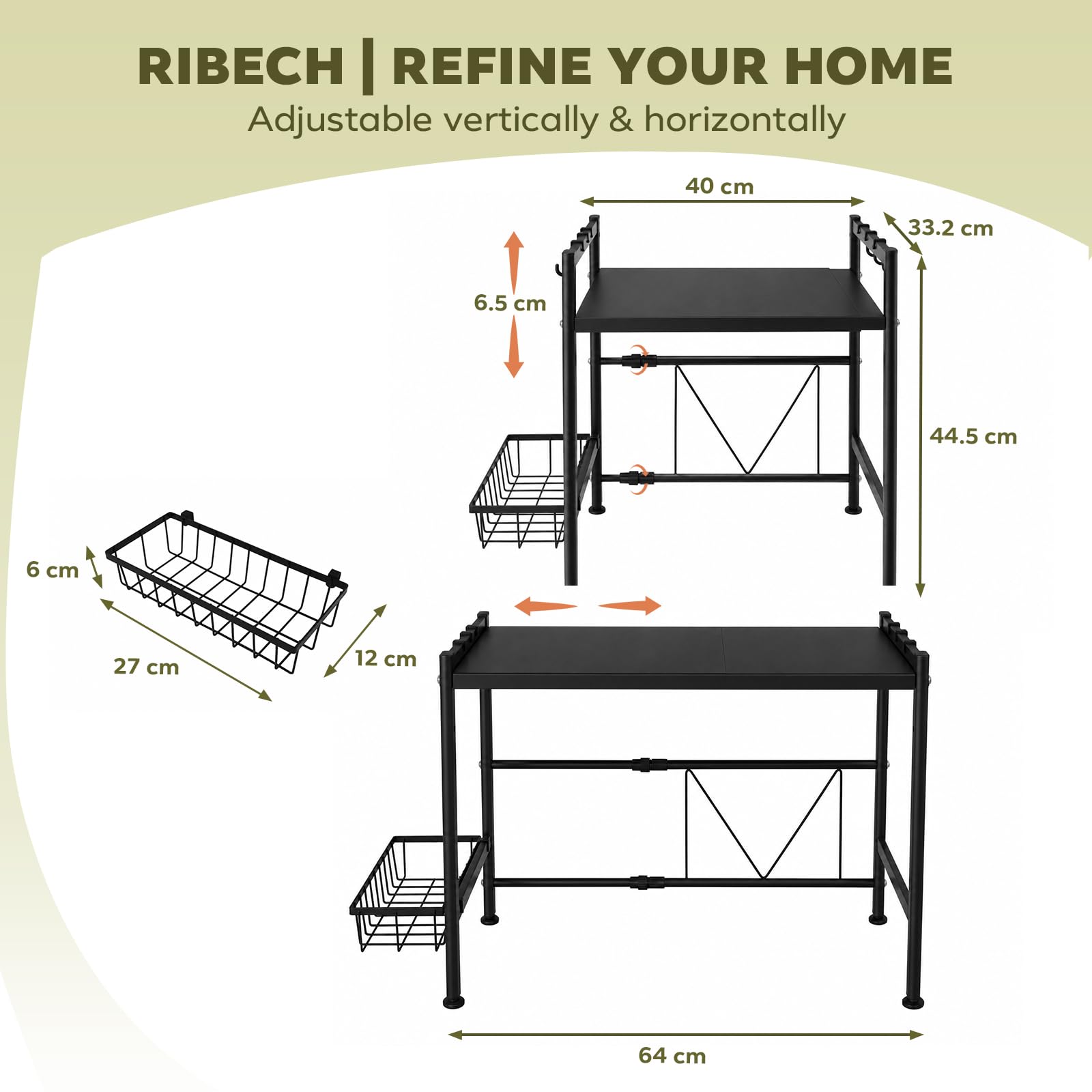 Supporto per microonde regolabile con ripiano supplementare, versione ispessita, regolabile in altezza per forno e utensili da cucina, con gancio per spezie e utensili, antiruggine, nero