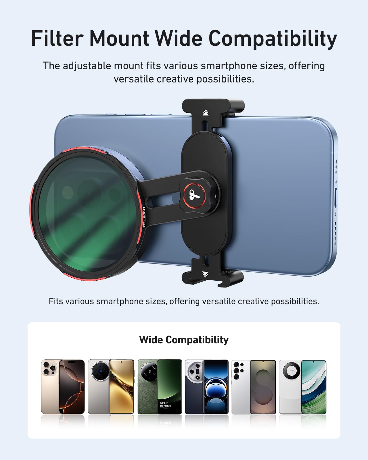 TELESIN 67mm Soporte Universal para Filtros de Teléfono, Clip-On portafiltros w Zapata fría y 1/4" Rosca para Clip de teléfono, Ligero para Viajes y Vlogging, para iPhone/Android, Pixel y más