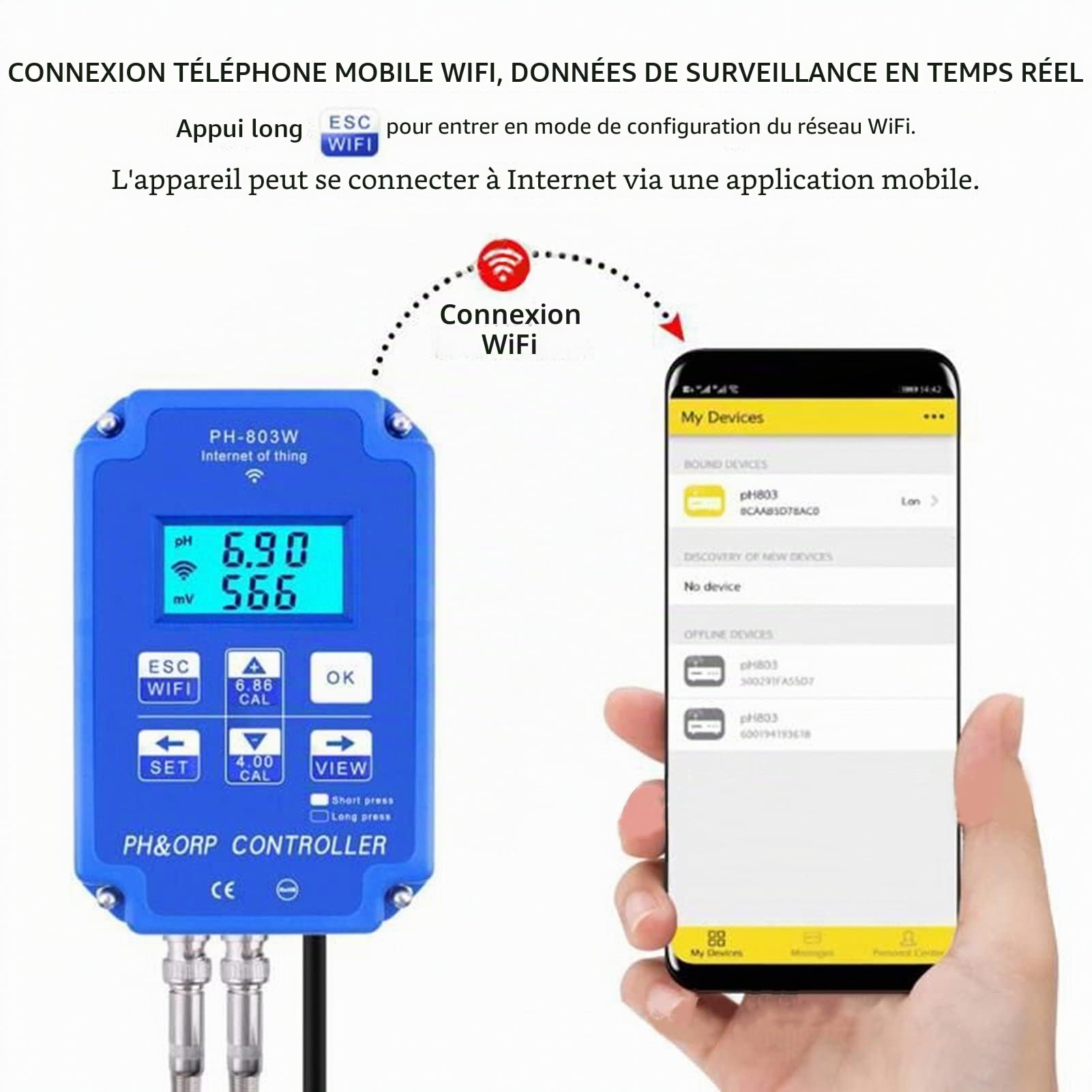 PH ORP Contrôleur Testeur D'eau Multi-paramètres PH-803W pour Surveillance et Contrôle Long Terme Qualité de L'eau(EU Plug 250V)